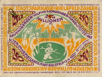 Notgeld der Stadt Sparkasse Bielefeld (Nordrhein-Westfalen - Allemagne) - 250&nbsp;000&nbsp;000&nbsp;mark - 2&nbsp;avril&nbsp;1922 - signature&nbsp;1 - perfor�&nbsp;"P.RRU<sup>+</sup>ST" - face