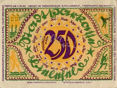 Notgeld der Stadt Sparkasse Bielefeld (Nordrhein-Westfalen - Allemagne) - 250&nbsp;000&nbsp;000&nbsp;mark - 2&nbsp;avril&nbsp;1922 - signature&nbsp;1 - perfor�&nbsp;"P.RRU<sup>+</sup>ST" - dos