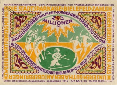 Notgeld der Stadt Sparkasse Bielefeld (Nordrhein-Westfalen - Allemagne) - 250&nbsp;000&nbsp;000&nbsp;mark - 2&nbsp;avril&nbsp;1922 - signature&nbsp;2 - perfor�&nbsp;"P.RRU<sup>+</sup>ST" - face