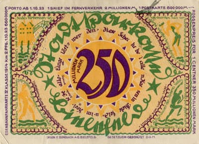 Notgeld der Stadt Sparkasse Bielefeld (Nordrhein-Westfalen - Allemagne) - 250&nbsp;000&nbsp;000&nbsp;mark - 2&nbsp;avril&nbsp;1922 - signature&nbsp;2 - perfor�&nbsp;"P.RRU<sup>+</sup>ST" - dos
