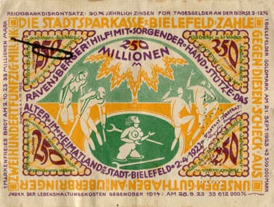 Notgeld der Stadt Sparkasse Bielefeld (Nordrhein-Westfalen - Allemagne) - 250&nbsp;000&nbsp;000&nbsp;mark - 2&nbsp;avril&nbsp;1922 - signature&nbsp;3 - perfor�&nbsp;"P.RRU<sup>+</sup>ST" - face