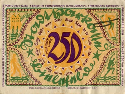 Notgeld der Stadt Sparkasse Bielefeld (Nordrhein-Westfalen - Allemagne) - 250&nbsp;000&nbsp;000&nbsp;mark - 2&nbsp;avril&nbsp;1922 - signature&nbsp;3 - perfor�&nbsp;"P.RRU<sup>+</sup>ST" - dos