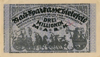 Notgeld der Stadt Sparkasse Bielefeld (Nordrhein-Westfalen - Allemagne) - 3&nbsp;000&nbsp;000&nbsp;mark - 11&nbsp;ao�t&nbsp;1923 - signature&nbsp;1 - face