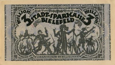 Notgeld der Stadt Sparkasse Bielefeld (Nordrhein-Westfalen - Allemagne) - 3&nbsp;000&nbsp;000&nbsp;mark - 11&nbsp;ao�t&nbsp;1923 - signature&nbsp;1 - dos