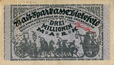 Notgeld der Stadt Sparkasse Bielefeld (Nordrhein-Westfalen - Allemagne) - 3&nbsp;000&nbsp;000&nbsp;mark - 11&nbsp;ao�t&nbsp;1923 - signature&nbsp;2 - perfor� - face
