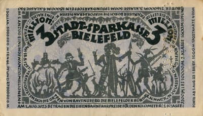 Notgeld der Stadt Sparkasse Bielefeld (Nordrhein-Westfalen - Allemagne) - 3&nbsp;000&nbsp;000&nbsp;mark - 11&nbsp;ao�t&nbsp;1923 - signature&nbsp;2 - perfor� - dos