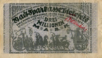 Notgeld der Stadt Sparkasse Bielefeld (Nordrhein-Westfalen - Allemagne) - 3&nbsp;000&nbsp;000&nbsp;mark - 11&nbsp;ao�t&nbsp;1923 - signature&nbsp;3 - timbre&nbsp;sec - perfor� - face