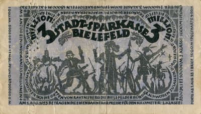 Notgeld der Stadt Sparkasse Bielefeld (Nordrhein-Westfalen - Allemagne) - 3&nbsp;000&nbsp;000&nbsp;mark - 11&nbsp;ao�t&nbsp;1923 - signature&nbsp;3 - timbre&nbsp;sec - perfor� - dos
