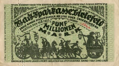 Notgeld der Stadt Sparkasse Bielefeld (Nordrhein-Westfalen - Allemagne) - 5&nbsp;000&nbsp;000&nbsp;mark - 11&nbsp;ao�t&nbsp;1923 - signature&nbsp;1 - face
