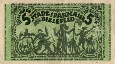 Notgeld der Stadt Sparkasse Bielefeld (Nordrhein-Westfalen - Allemagne) - 5&nbsp;000&nbsp;000&nbsp;mark - 11&nbsp;ao�t&nbsp;1923 - signature&nbsp;1 - dos