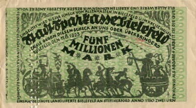 Notgeld der Stadt Sparkasse Bielefeld (Nordrhein-Westfalen - Allemagne) - 5&nbsp;000&nbsp;000&nbsp;mark - 11&nbsp;ao�t&nbsp;1923 - signature&nbsp;2 - face