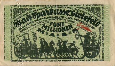 Notgeld der Stadt Sparkasse Bielefeld (Nordrhein-Westfalen - Allemagne) - 5&nbsp;000&nbsp;000&nbsp;mark - 11&nbsp;ao�t&nbsp;1923 - signature&nbsp;3 - timbre&nbsp;sec - perfor� - face