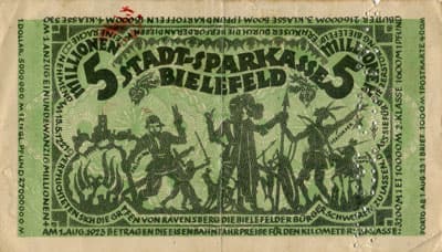 Notgeld der Stadt Sparkasse Bielefeld (Nordrhein-Westfalen - Allemagne) - 5&nbsp;000&nbsp;000&nbsp;mark - 11&nbsp;ao�t&nbsp;1923 - signature&nbsp;3 -  perfor� - dos
