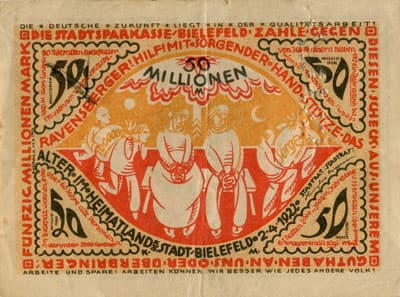 Notgeld der Stadt Sparkasse Bielefeld (Nordrhein-Westfalen - Allemagne) - 50&nbsp;000&nbsp;000&nbsp;mark - 2&nbsp;avril&nbsp;1922 - signature&nbsp;1 - perfor� - face