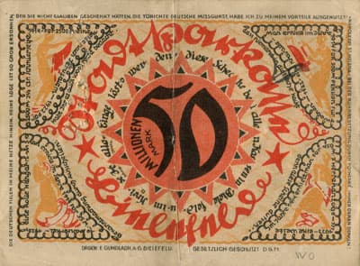Notgeld der Stadt Sparkasse Bielefeld (Nordrhein-Westfalen - Allemagne) - 50&nbsp;000&nbsp;000&nbsp;mark - 2&nbsp;avril&nbsp;1922 - signature&nbsp;1 - perfor� - dos