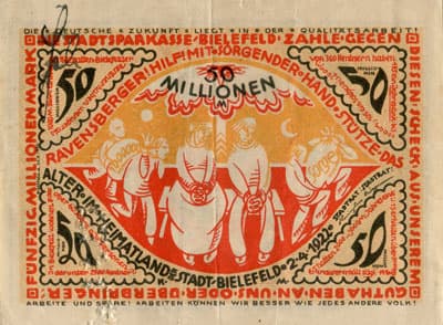 Notgeld der Stadt Sparkasse Bielefeld (Nordrhein-Westfalen - Allemagne) - 50&nbsp;000&nbsp;000&nbsp;mark - 2&nbsp;avril&nbsp;1922 - signature&nbsp;2 - perfor� - face
