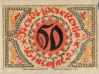 Notgeld der Stadt Sparkasse Bielefeld (Nordrhein-Westfalen - Allemagne) - 50&nbsp;000&nbsp;000&nbsp;mark - 2&nbsp;avril&nbsp;1922 - signature&nbsp;2 - perfor� - dos