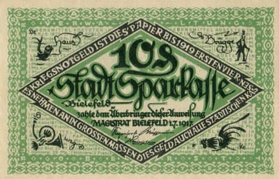 Notgeld der Stadt Sparkasse Bielefeld (Nordrhein-Westfalen - Allemagne) - 10 pfennig - 1&nbsp;juillet&nbsp;1917 - n�&nbsp;80704 - face