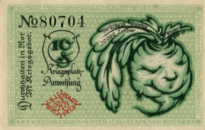 Notgeld der Stadt Sparkasse Bielefeld (Nordrhein-Westfalen - Allemagne) - 10 pfennig - 1&nbsp;juillet&nbsp;1917 - n�&nbsp;80704 - dos