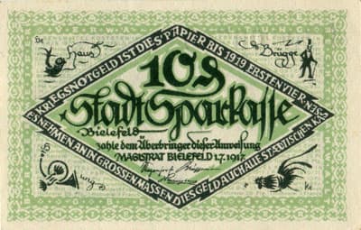 Notgeld der Stadt Sparkasse Bielefeld (Nordrhein-Westfalen - Allemagne) - 10 pfennig - 1&nbsp;juillet&nbsp;1917 - s�rie&nbsp;B - n�&nbsp;203765 - face