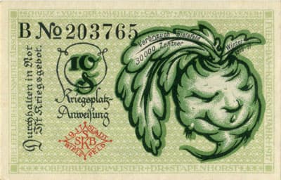 Notgeld der Stadt Sparkasse Bielefeld (Nordrhein-Westfalen - Allemagne) - 10 pfennig - 1&nbsp;juillet&nbsp;1917 - s�rie&nbsp;B - n�&nbsp;203765 - dos