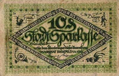 Notgeld der Stadt Sparkasse Bielefeld (Nordrhein-Westfalen - Allemagne) - 10 pfennig - 1&nbsp;avril&nbsp;1919 - s�rie&nbsp;B - n�&nbsp;21947 - face