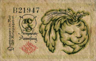 Notgeld der Stadt Sparkasse Bielefeld (Nordrhein-Westfalen - Allemagne) - 10 pfennig - 1&nbsp;avril&nbsp;1919 - s�rie&nbsp;B - n�&nbsp;21947 - dos