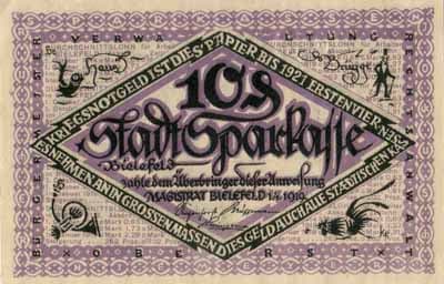 Notgeld der Stadt Sparkasse Bielefeld (Nordrhein-Westfalen - Allemagne) - 10 pfennig - 1&nbsp;avril&nbsp;1919 - s�rie&nbsp;C - n�&nbsp;266814 - face