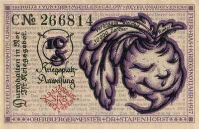 Notgeld der Stadt Sparkasse Bielefeld (Nordrhein-Westfalen - Allemagne) - 10 pfennig - 1&nbsp;avril&nbsp;1919 - s�rie&nbsp;C - n�&nbsp;266814 - dos