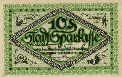 Notgeld der Stadt Sparkasse Bielefeld (Nordrhein-Westfalen - Allemagne) - 10 pfennig - 1&nbsp;avril&nbsp;1919 - s�rie&nbsp;D - face