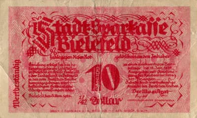 Notgeld der Stadt Sparkasse Bielefeld (Nordrhein-Westfalen - Allemagne) - 10 pfennig - 1/42&nbsp;dollar - 8&nbsp;novembre&nbsp;1923 - face