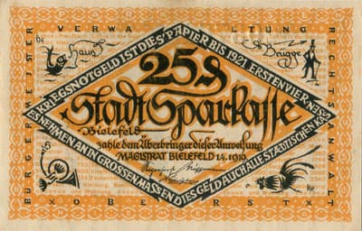 Notgeld der Stadt Sparkasse Bielefeld (Nordrhein-Westfalen - Allemagne) - 25 pfennig - 1&nbsp;avril&nbsp;1919 - s�rie&nbsp;C - n�&nbsp;293761 - face