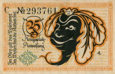 Notgeld der Stadt Sparkasse Bielefeld (Nordrhein-Westfalen - Allemagne) - 25 pfennig - 1&nbsp;avril&nbsp;1919 - s�rie&nbsp;C - n�&nbsp;293761 - dos