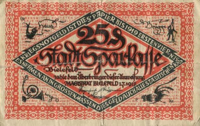 Notgeld der Stadt Sparkasse Bielefeld (Nordrhein-Westfalen - Allemagne) - 25 pfennig - 1&nbsp;juillet&nbsp;1917 - n�&nbsp;56672 - face