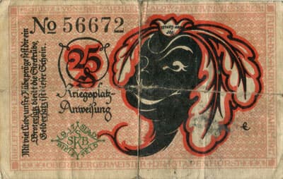 Notgeld der Stadt Sparkasse Bielefeld (Nordrhein-Westfalen - Allemagne) - 25 pfennig - 1&nbsp;juillet&nbsp;1917 - n�&nbsp;56672 - dos