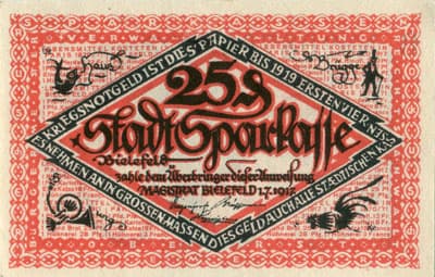 Notgeld der Stadt Sparkasse Bielefeld (Nordrhein-Westfalen - Allemagne) - 25 pfennig - 1&nbsp;juillet&nbsp;1917 - s�rie&nbsp;B - n�&nbsp;208700 - face