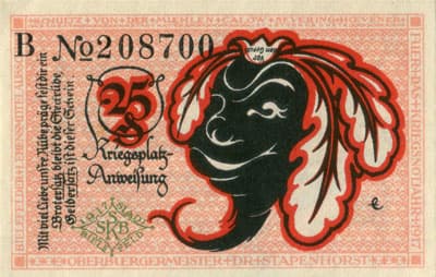 Notgeld der Stadt Sparkasse Bielefeld (Nordrhein-Westfalen - Allemagne) - 25 pfennig - 1&nbsp;juillet&nbsp;1917 - s�rie&nbsp;B - n�&nbsp;208700 - dos
