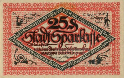 Notgeld der Stadt Sparkasse Bielefeld (Nordrhein-Westfalen - Allemagne) - 25 pfennig - 1&nbsp;juillet&nbsp;1917 - s�rie&nbsp;D - face