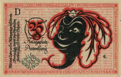 Notgeld der Stadt Sparkasse Bielefeld (Nordrhein-Westfalen - Allemagne) - 25 pfennig - 1&nbsp;juillet&nbsp;1917 - s�rie&nbsp;D - dos