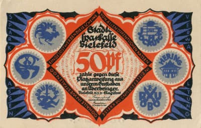 Notgeld der Stadt Sparkasse Bielefeld (Nordrhein-Westfalen - Allemagne) - 50 pfennig - 15&nbsp;mai&nbsp;1921 - s�rie&nbsp;B - n�&nbsp;53692 - num�ro � 5&nbsp;chiffres + dessins � l'encre bleue + avec signature du peintre verticale au dessus de la main du grand faune, existe&nbsp;sans - face