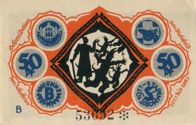 Notgeld der Stadt Sparkasse Bielefeld (Nordrhein-Westfalen - Allemagne) - 50 pfennig - 15&nbsp;mai&nbsp;1921 - s�rie&nbsp;B - n�&nbsp;53692 - num�ro � 5&nbsp;chiffres + dessins � l'encre bleue + avec signature du peintre verticale au dessus de la main du grand faune, existe&nbsp;sans - dos