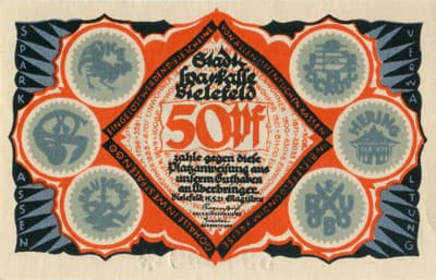 Notgeld der Stadt Sparkasse Bielefeld (Nordrhein-Westfalen - Allemagne) - 50 pfennig - 15&nbsp;mai&nbsp;1921 - s�rie&nbsp;B - n�&nbsp;597799 - num�ro � 6&nbsp;chiffres + dessins � l'encre&nbsp;grise + avec signature du peintre verticale au dessus de la main du grand faune, existe&nbsp;sans - face