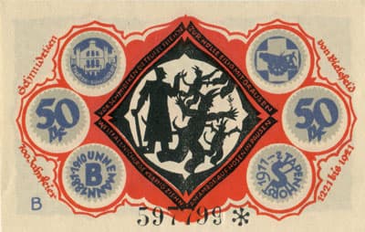 Notgeld der Stadt Sparkasse Bielefeld (Nordrhein-Westfalen - Allemagne) - 50 pfennig - 15&nbsp;mai&nbsp;1921 - s�rie&nbsp;B - n�&nbsp;597799 - num�ro � 6&nbsp;chiffres + dessins � l'encre&nbsp;grise + avec signature du peintre verticale au dessus de la main du grand faune, existe&nbsp;sans - dos