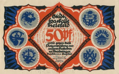 Notgeld der Stadt Sparkasse Bielefeld (Nordrhein-Westfalen - Allemagne) - 50 pfennig - 15&nbsp;mai&nbsp;1921 - s�rie&nbsp;E - n�&nbsp;147352 - num�ro � 6&nbsp;chiffres + dessins � l'encre&nbsp;bleue + avec signature du peintre verticale sur la t�te de l'animal de droite, existe&nbsp;sans - face