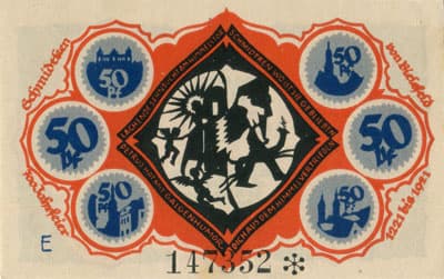 Notgeld der Stadt Sparkasse Bielefeld (Nordrhein-Westfalen - Allemagne) - 50 pfennig - 15&nbsp;mai&nbsp;1921 - s�rie&nbsp;E - n�&nbsp;147352 - num�ro � 6&nbsp;chiffres + dessins � l'encre&nbsp;bleue + avec signature du peintre verticale sur la t�te de l'animal de droite, existe&nbsp;sans - dos