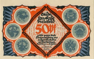 Notgeld der Stadt Sparkasse Bielefeld (Nordrhein-Westfalen - Allemagne) - 50 pfennig - 15&nbsp;mai&nbsp;1921 - s�rie&nbsp;E - n�&nbsp;453913 - num�ro � 6&nbsp;chiffres + dessins � l'encre&nbsp;grise + avec signature du peintre verticale sur la t�te de l'animal de droite, existe&nbsp;sans - face