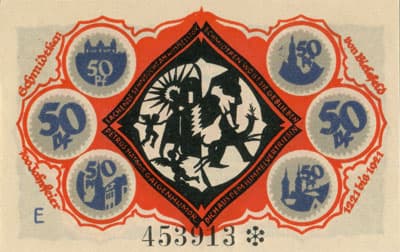 Notgeld der Stadt Sparkasse Bielefeld (Nordrhein-Westfalen - Allemagne) - 50 pfennig - 15&nbsp;mai&nbsp;1921 - s�rie&nbsp;E - n�&nbsp;453913 - num�ro � 6&nbsp;chiffres + dessins � l'encre&nbsp;grise + avec signature du peintre verticale sur la t�te de l'animal de droite, existe&nbsp;sans - dos
