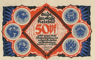 Notgeld der Stadt Sparkasse Bielefeld (Nordrhein-Westfalen - Allemagne) - 50 pfennig - 15&nbsp;mai&nbsp;1921 - s�rie&nbsp;N - n�&nbsp;05833 - num�ro � 5&nbsp;chiffres + avec signature du peintre verticale sur la queue du faune de gauche, existe&nbsp;sans - face