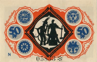 Notgeld der Stadt Sparkasse Bielefeld (Nordrhein-Westfalen - Allemagne) - 50 pfennig - 15&nbsp;mai&nbsp;1921 - s�rie&nbsp;N - n�&nbsp;05833 - num�ro � 5&nbsp;chiffres + avec signature du peintre verticale sur la queue du faune de gauche, existe&nbsp;sans - dos