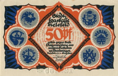 Notgeld der Stadt Sparkasse Bielefeld (Nordrhein-Westfalen - Allemagne) - 50 pfennig - 15&nbsp;mai&nbsp;1921 - s�rie&nbsp;N - n�&nbsp;128458 - num�ro � 6&nbsp;chiffres + sans signature du peintre verticale sur la queue du faune de gauche, existe&nbsp;avec - face